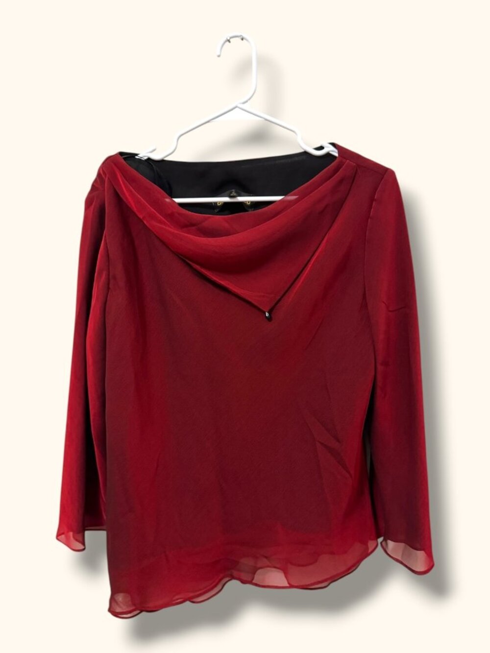 Donna Ricco Top Womens 16 Red Chiffon Lined Long Sleeve Cowl Back Evening